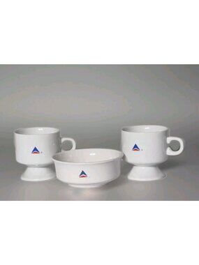 Set Of (3) Delta Airlines Logo Bowl & Coffee Cups Footed  White Porcelain